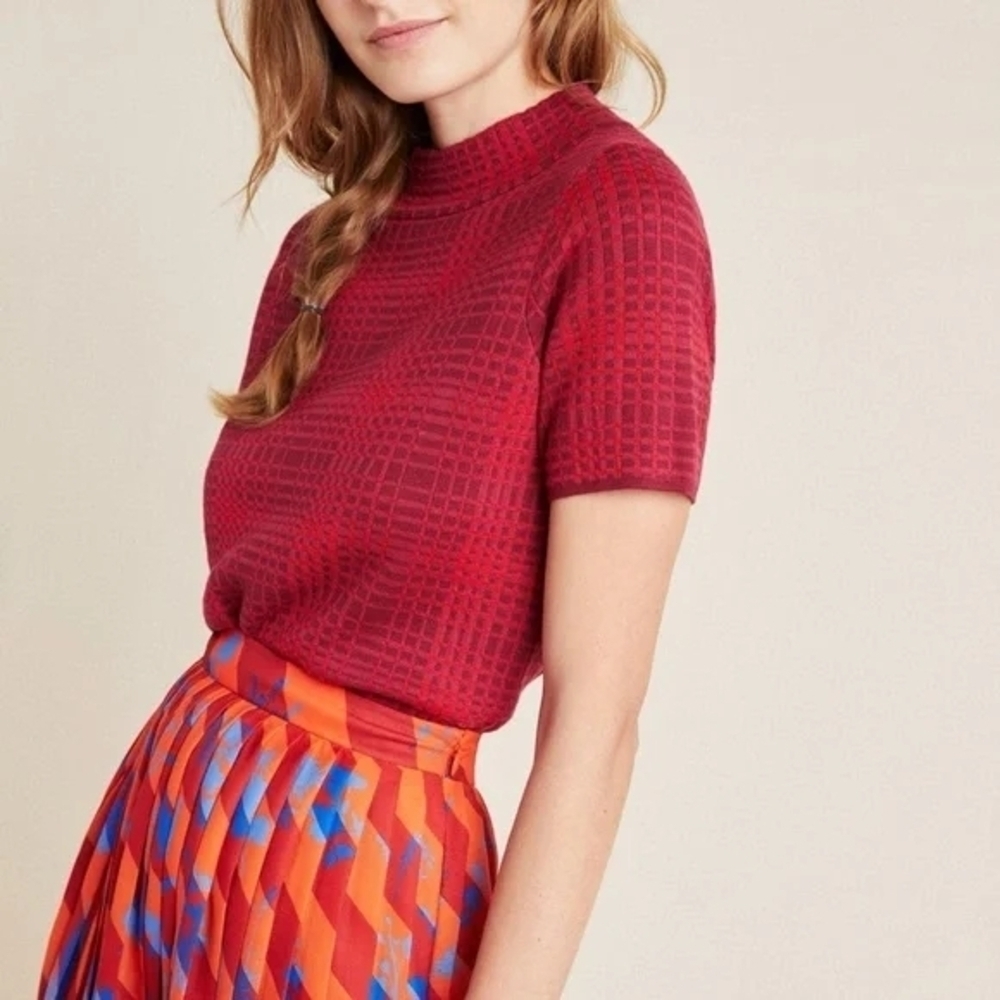 Anthropologie Field Flower Celina Mock Neck Sweater Red Plaid Tee Sz XS